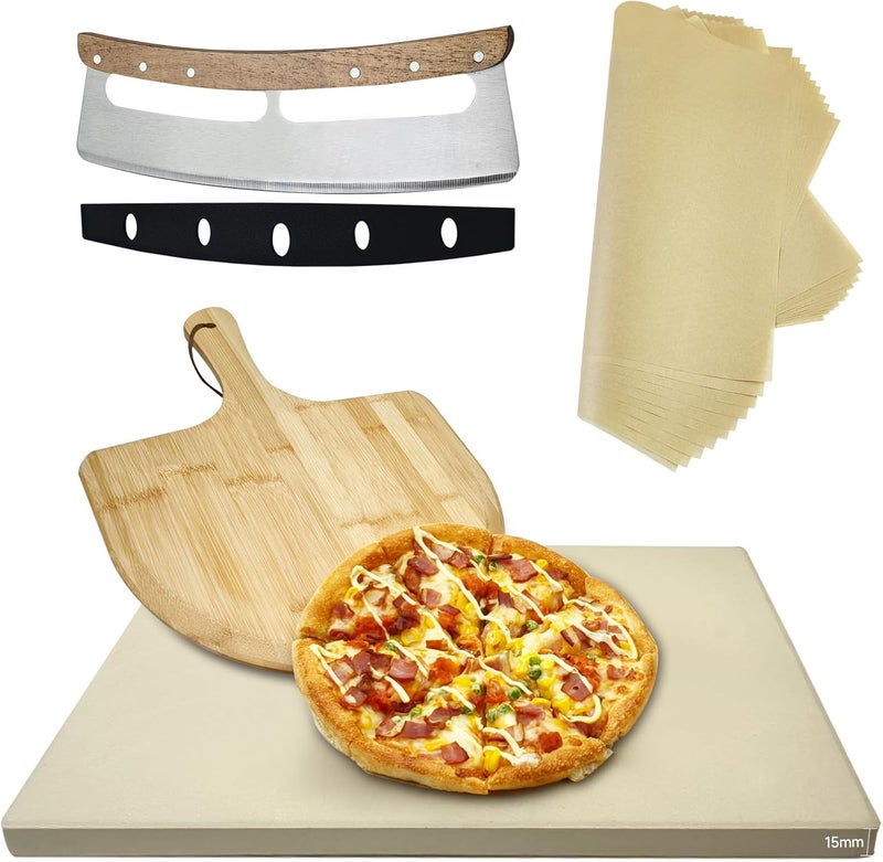 DAILJMON Rectangular Pizza Stone 4 Sets,12"x15"x0.59"(OAK) Pizza Stone for Oven and Grill with Bamboo Pizza Peel, Pizza Cutter and 10pcs Cooking Paper,Grill Stone Baking Stone for Bread,BBQ,Grill - Image 1